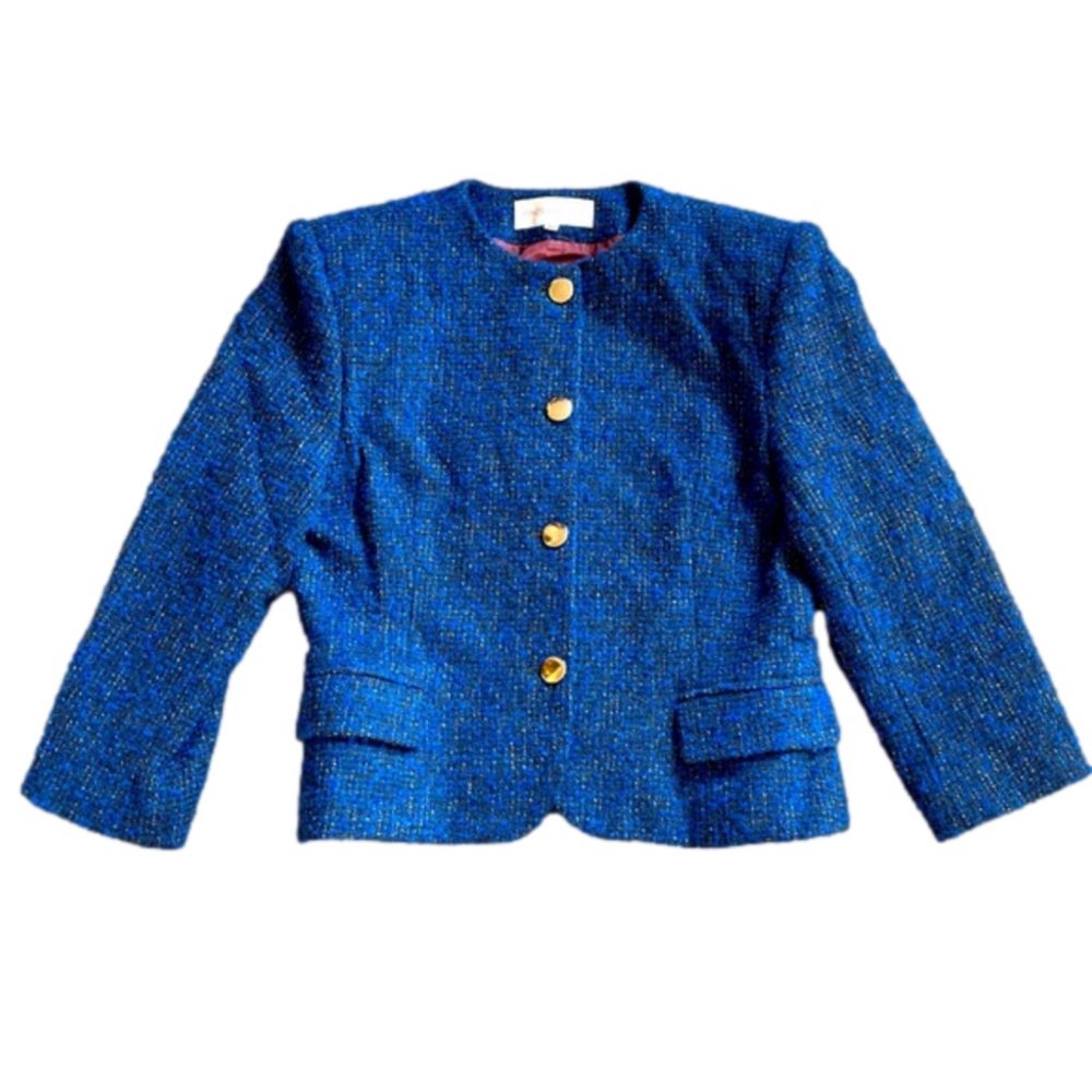 VINTAGE Jones New York Wool Bouclé Blazer, Grey, White and Royal Blue, Medium